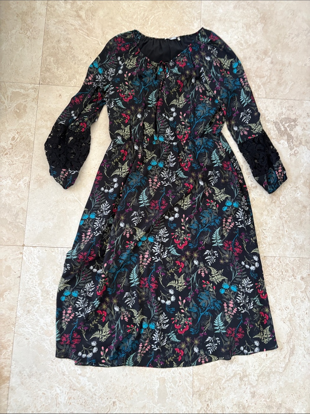 T Tahari Black Floral Midi Dress with Teal and Red Accents
